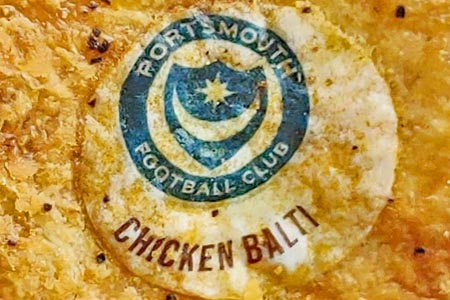 Star and Crescent logo on a Portsmouth FC Chicken Balti pie